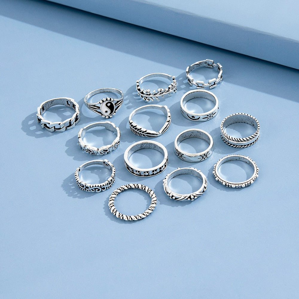 14 Pcs/Set Neo-Gothic Mixed Feather Elephant Star Moon Sun Ring