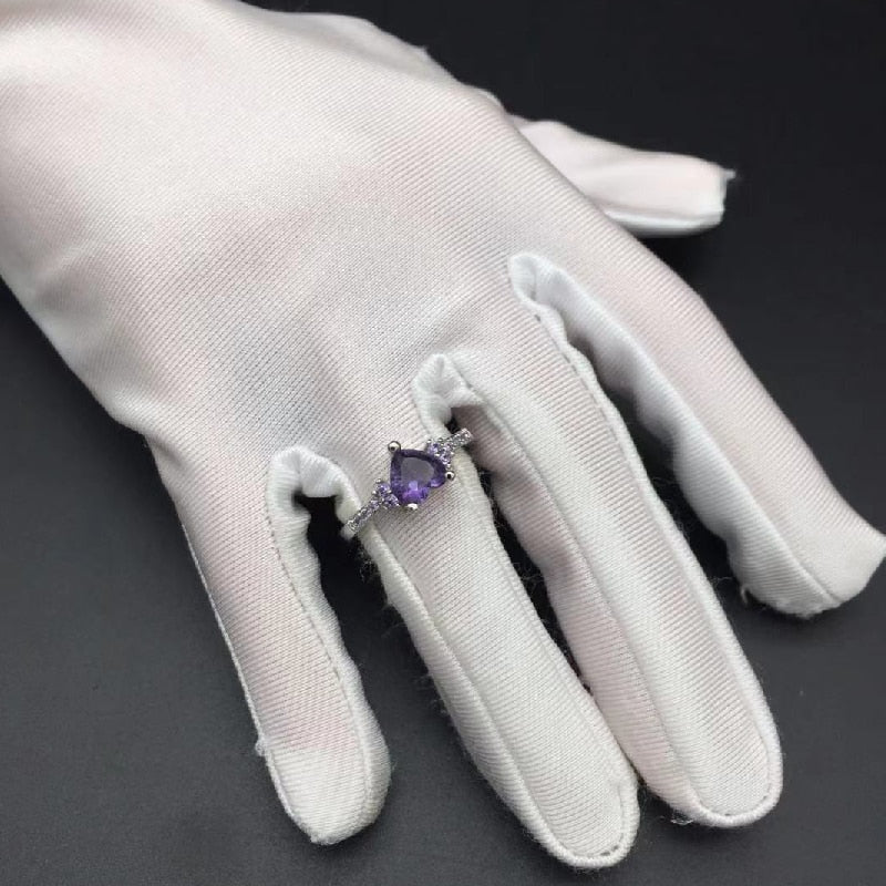 HuiSept 925 Silver Jewelry Heart Shape Amethyst Gemstone Ring