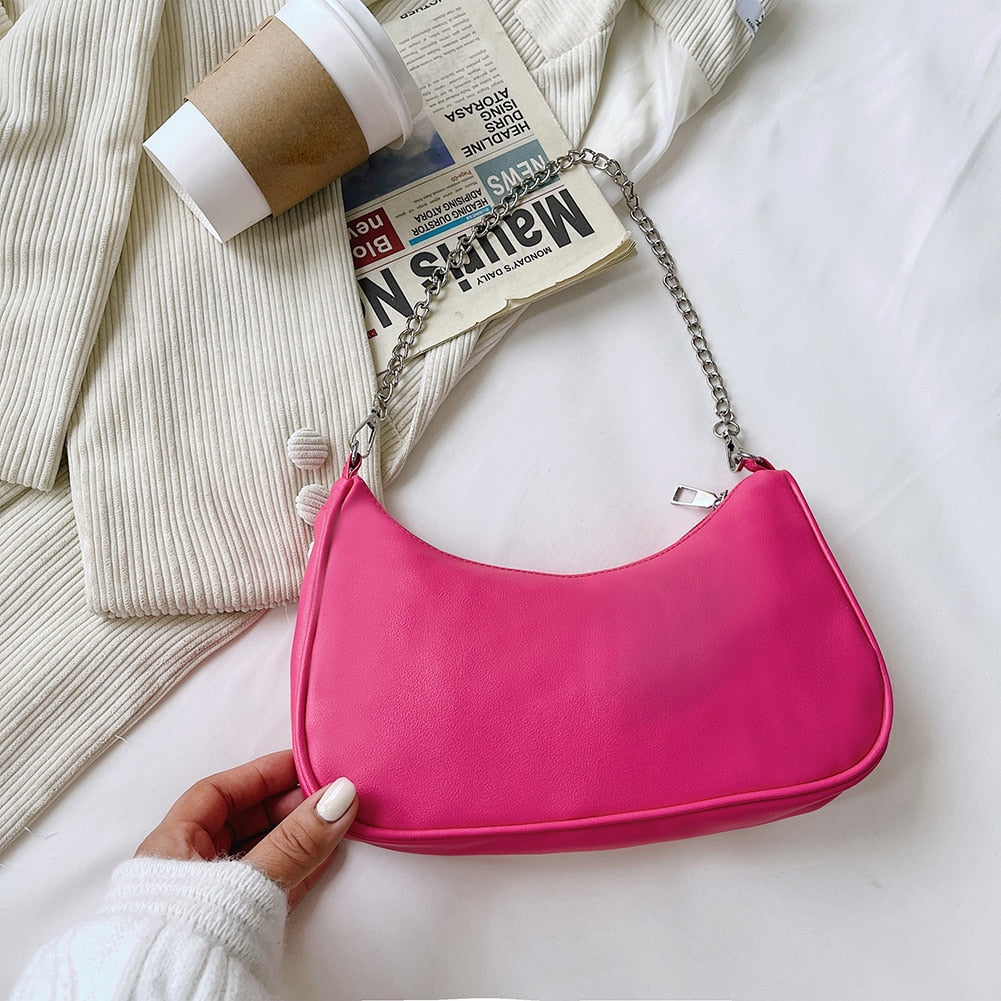 PU Leather Solid Color Chain Shopper Shoulder Bags