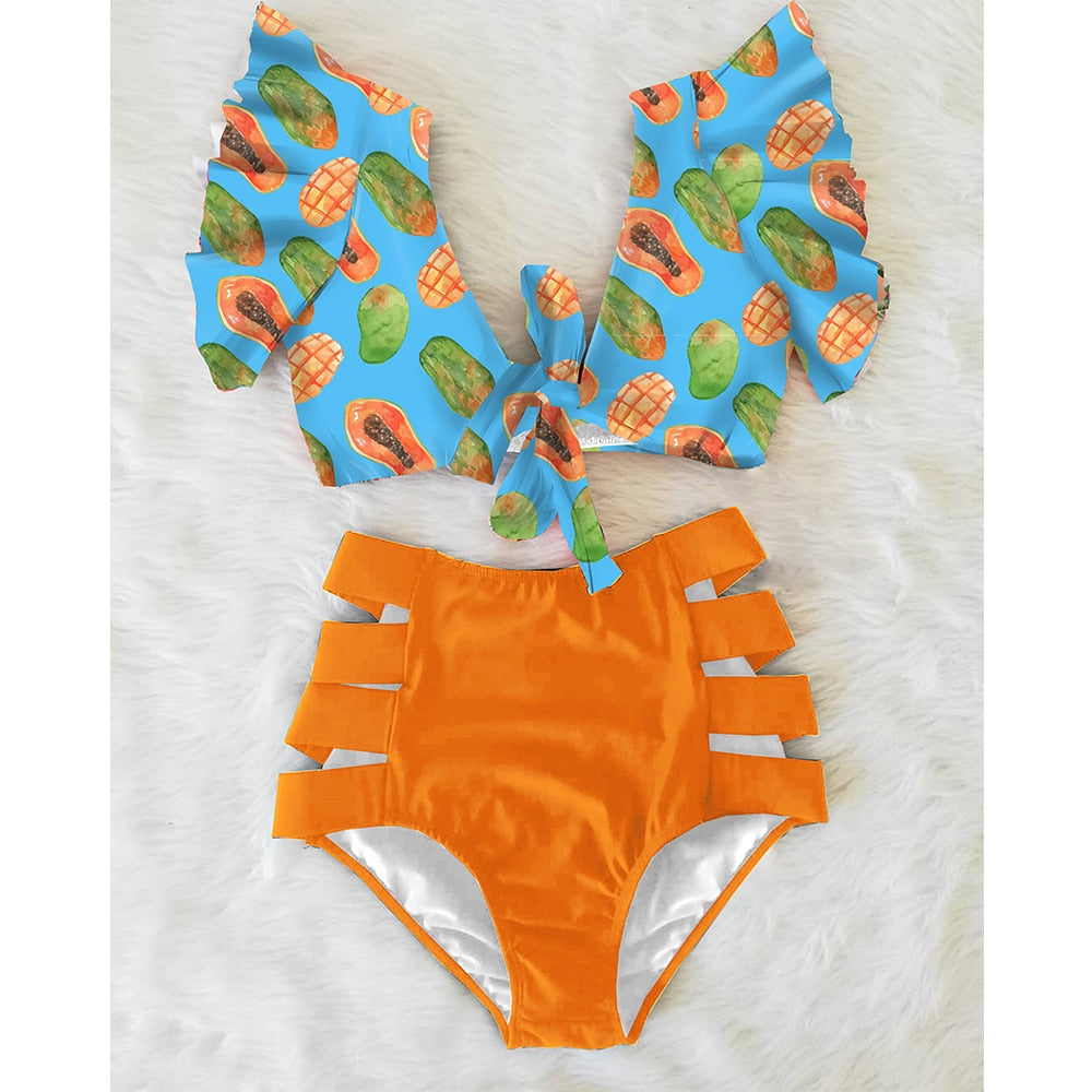 Floral Beachwear V-Neck High Waist Ruffled Sexy Bikini Set