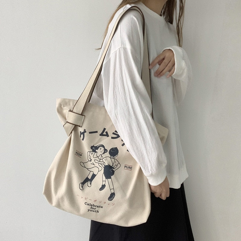 Canvas Japanese Style Retro Cartoon Anime Print Girls Shoulder Bag