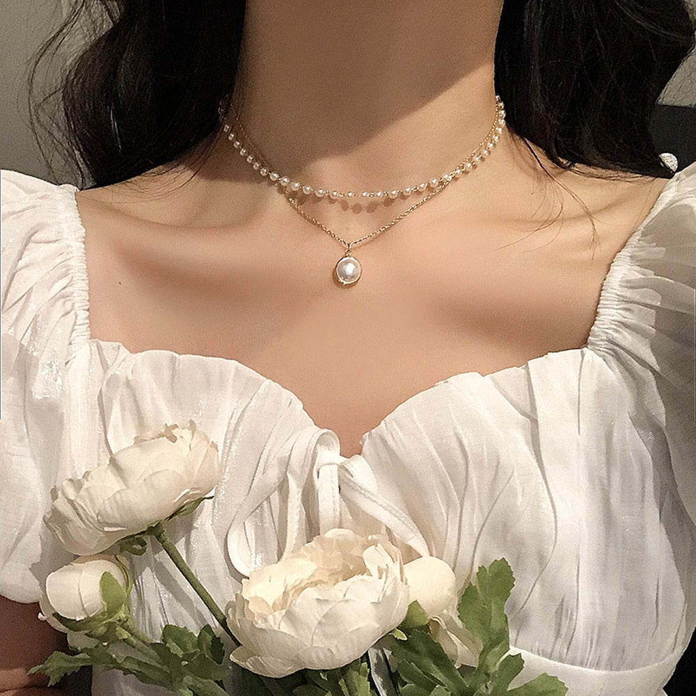 SUMENG Beads Neck Chain Kpop Pearl Choker Necklac