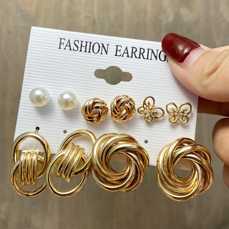 17KM Vintage Geometric Gold Plated Metal Earrings Set