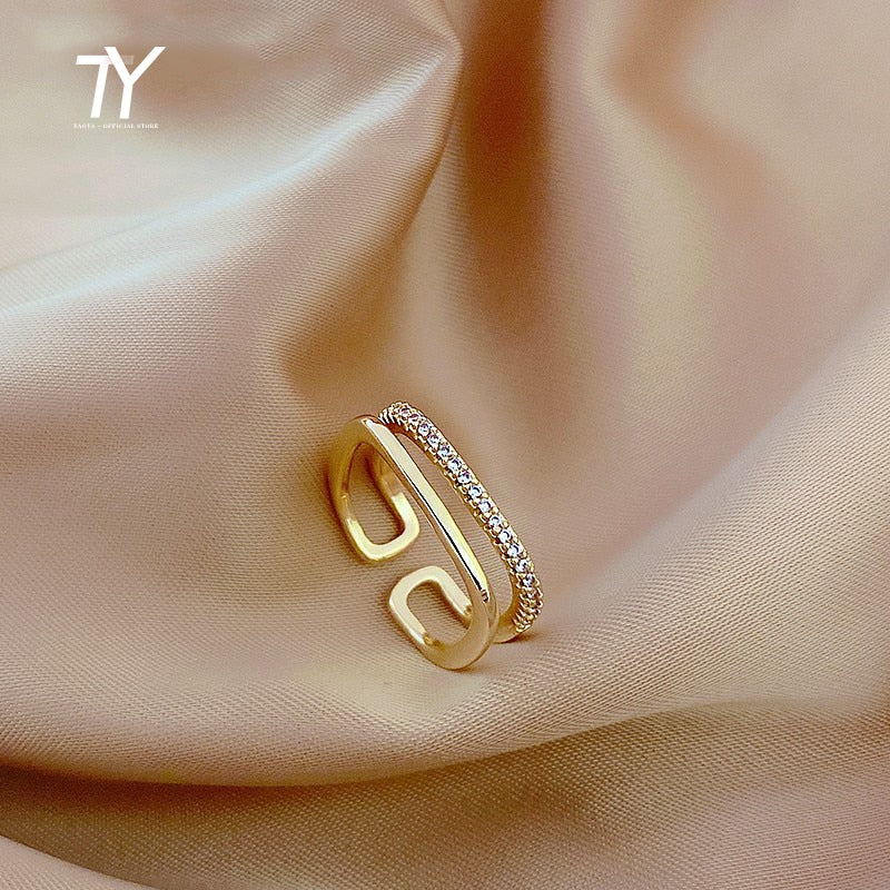 Luxury Zircon Gold Color Double Student Open Rings