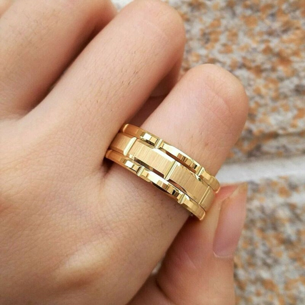 Simple Tungsten Carbide Gold Color Grooved Men Ring