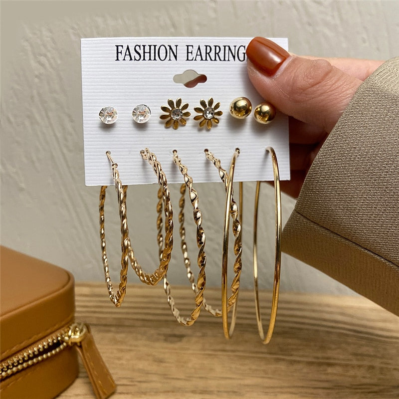 17KM Vintage Geometric Gold Plated Metal Earrings Set