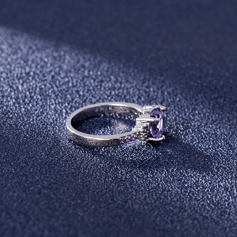 HuiSept 925 Silver Jewelry Heart Shape Amethyst Gemstone Ring