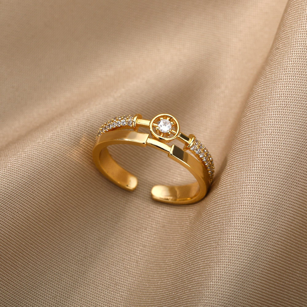 Fashion Star Stainless Steel  Zircon Round Irregular Adjustable Ring