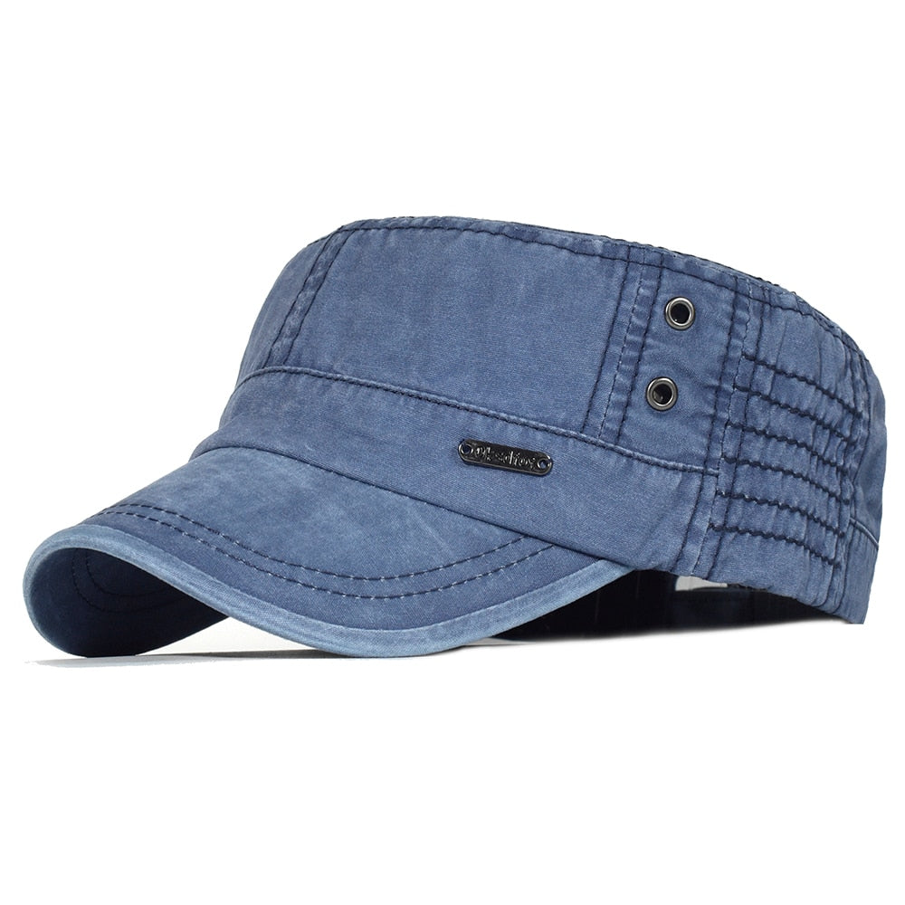 Washed Cotton Military Caps Men Cadet Army Cap Unique Design Vintage Flat Top Hat