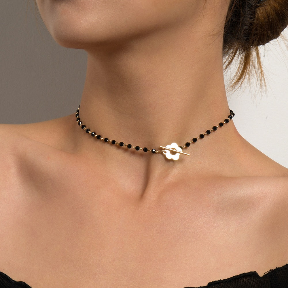 SUMENG Luxury Flower Lariat Black Crystal Glass Bead Chain Choker Necklace