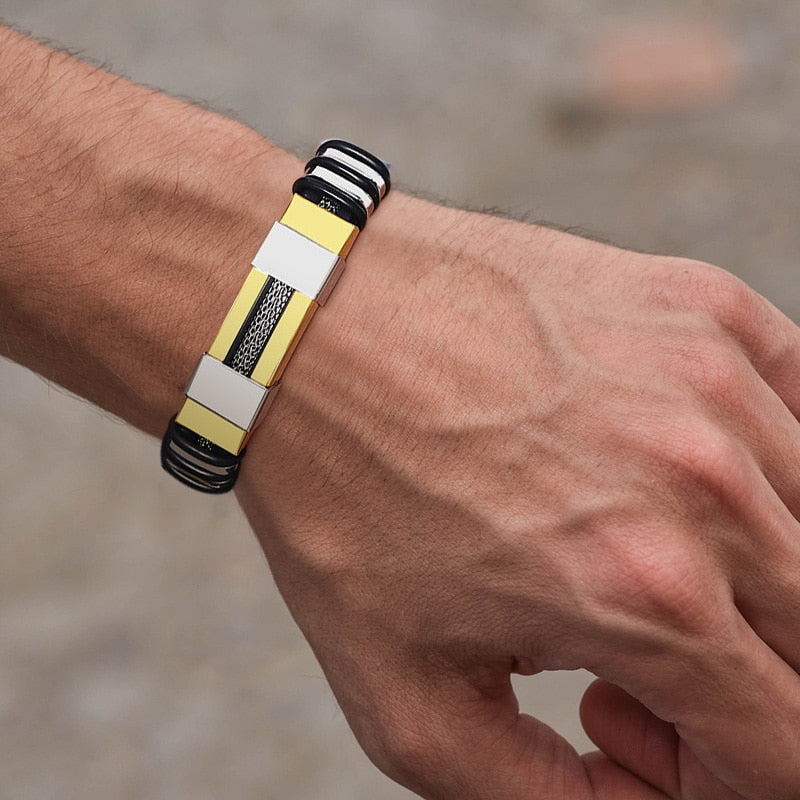 Black Grooved Rudder Silicone Mesh Link Stainless Steel Bracelet