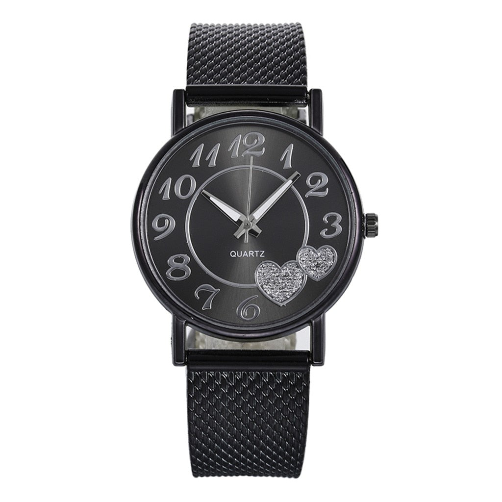 Fashion Women Silver Heart Dial Silicone Mesh Belt Wristwatch
