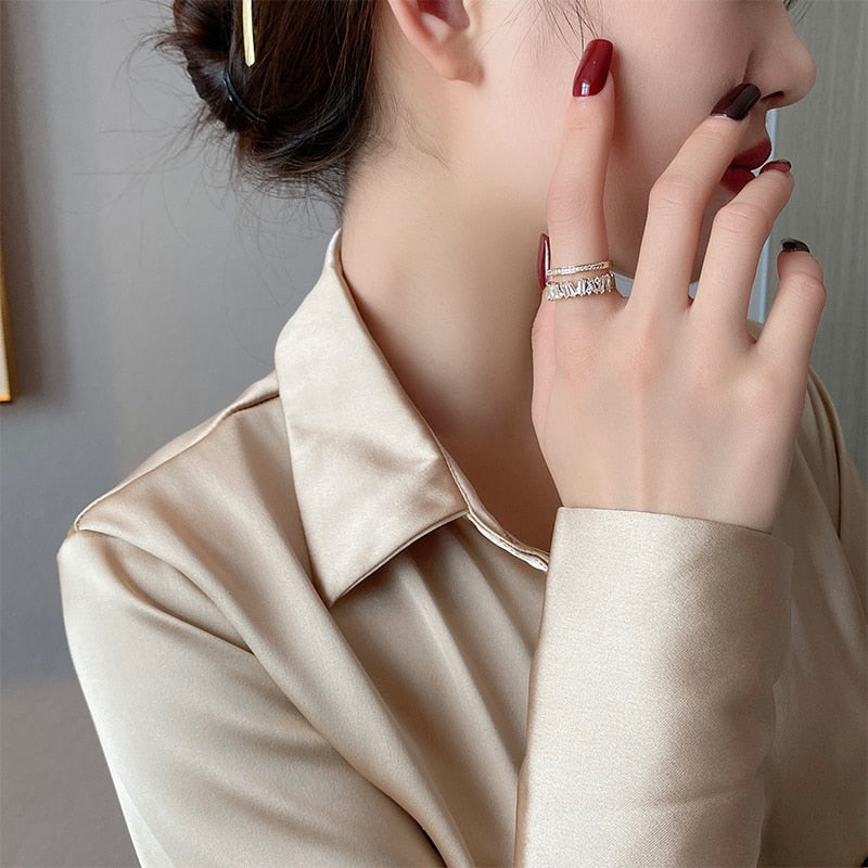 Luxury Zircon Gold Color Double Student Open Rings