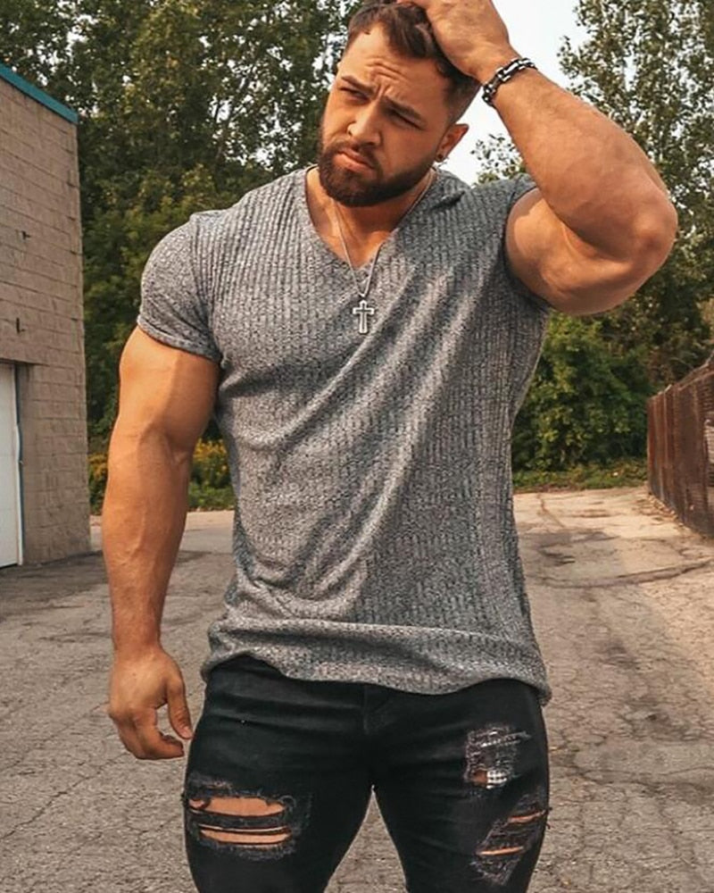 Men V Neck Short Sleeve T Shirt Fitness Slim Fit Sports Strips T-shirt