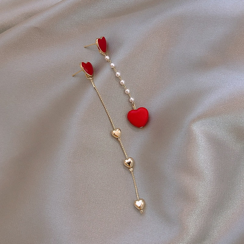 Asymmetric Heart Stud Hollow ECG Tassel Zircon Pearl Earrings