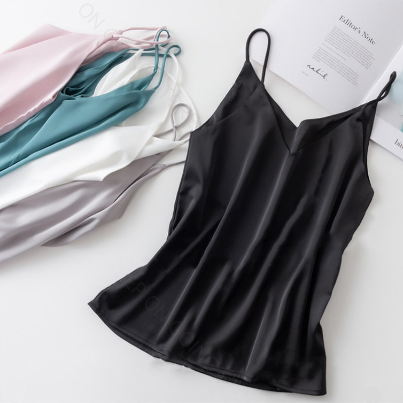 V-nek Satyn Skoonheid Rug Af-skouer Camisole Vroue