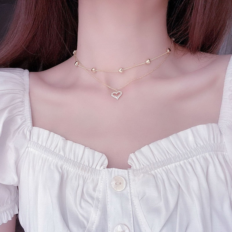 Shiny Bling Zircon Double Layer Heart Clavicle Chain  Necklace