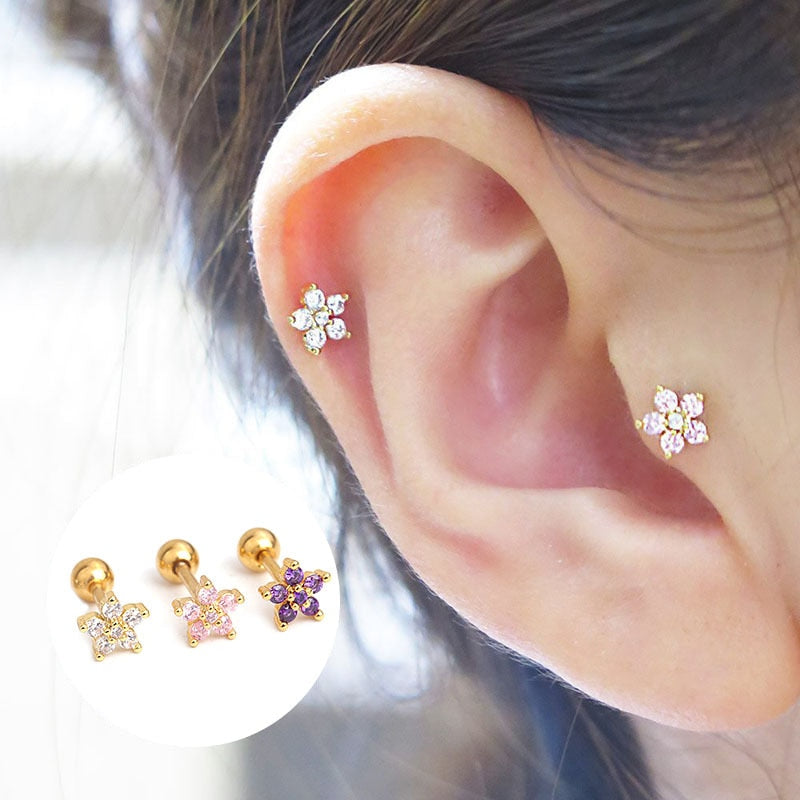1pc Stainless Steel Fashion Flowers Zirconia Cartilage Cz Earring  for Women Crown Helix Ear Studs Piercing Jewelry