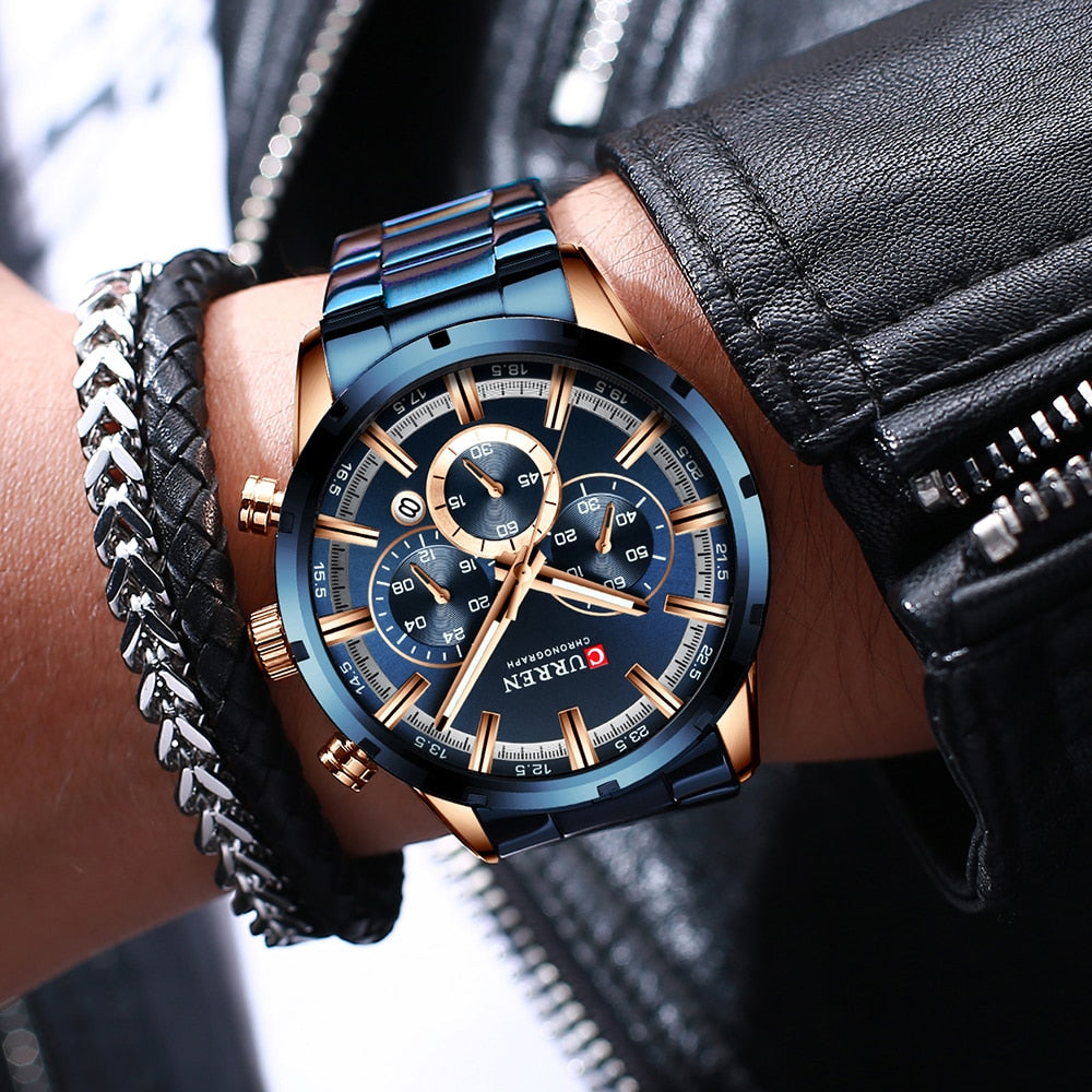 Blue Dial Stainless Steel Band Date Mens Watch
