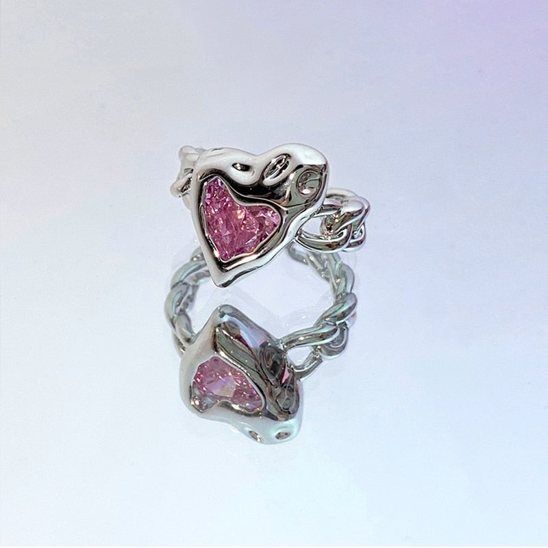 Pink Crystal Irregular Heart Ring Y2K Creative Blue Opal Broken Heart Ring