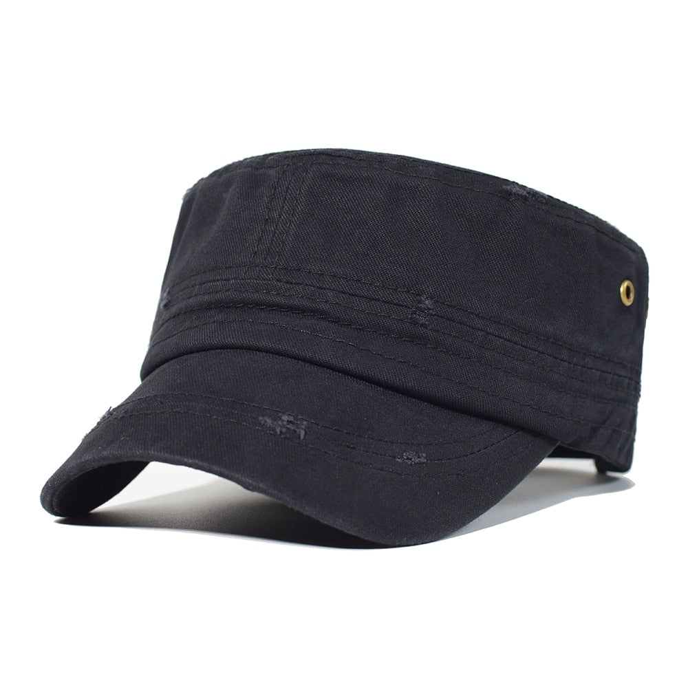 Washed Cotton Military Caps Men Cadet Army Cap Unique Design Vintage Flat Top Hat