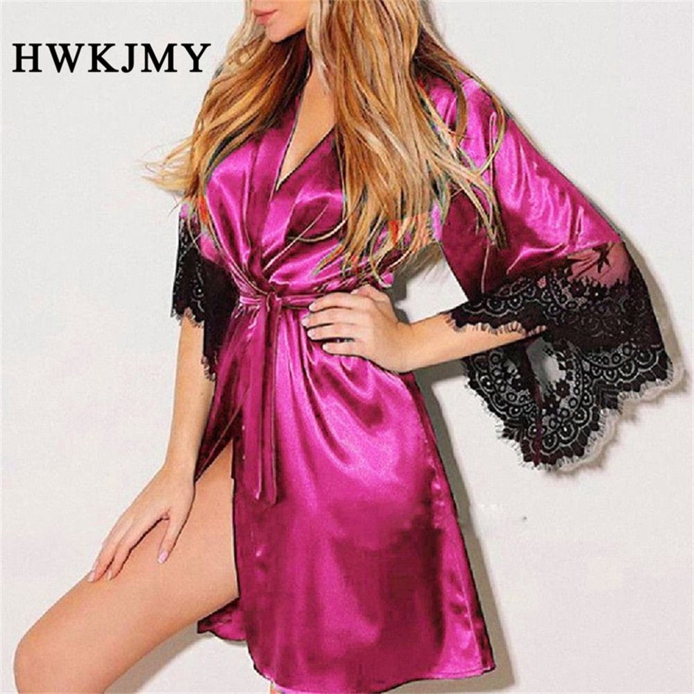 Plus Size Fashion Sexy Lace Satin Sleepwear Women Ladies Night Dress Lingerie Nighties V-neck Nightdress Lace Up Loose Nightgown - Jeglowstore