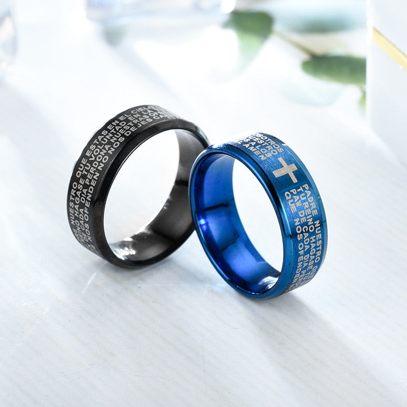 Stainless Steel Black Color Jesus Cross Ring Letter Bible Verse Ring - Jeglowstore