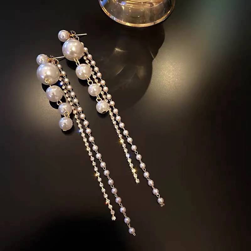 LFashion Full Crystal Simulated Pearl Tassel Drop Earring