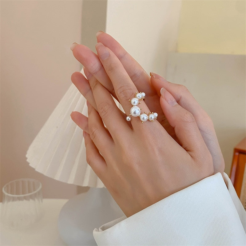 Fashion Big Geometric Pearl Paved Adjustable Ring - Jeglowstore