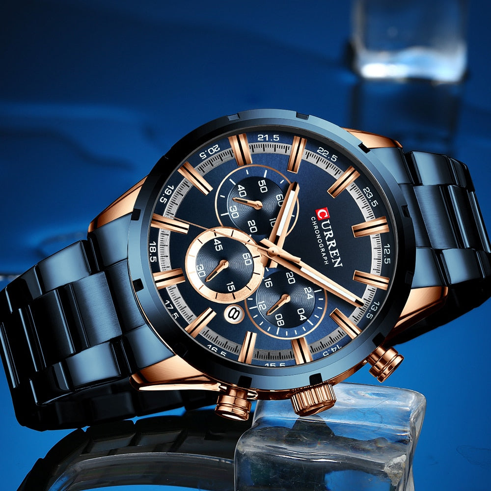 Blue Dial Stainless Steel Band Date Mens Watch