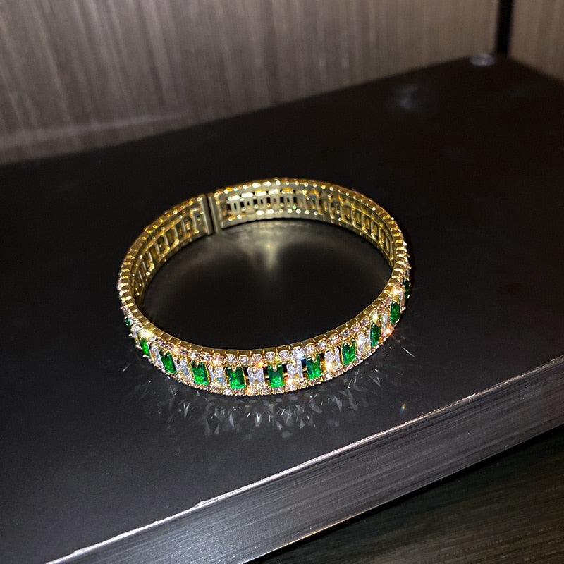 Geometric Zircon Bangles For Women Pink Green Crystal Cuff Bracelets