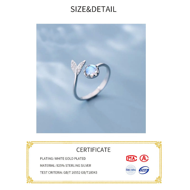 Real 925 Sterling Silver Cute tail moonstone Adjustable Ring
