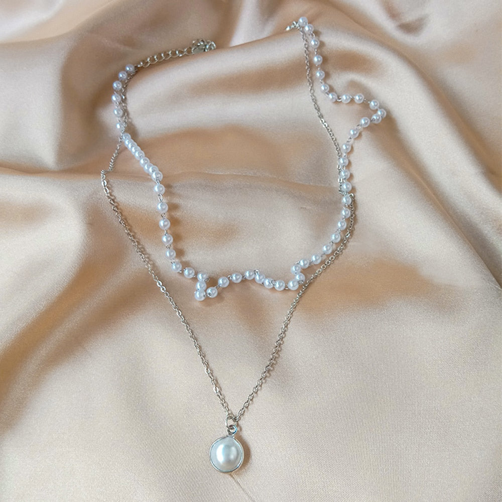 SUMENG Double Layer Chain  Kpop Pearl Choker Necklace