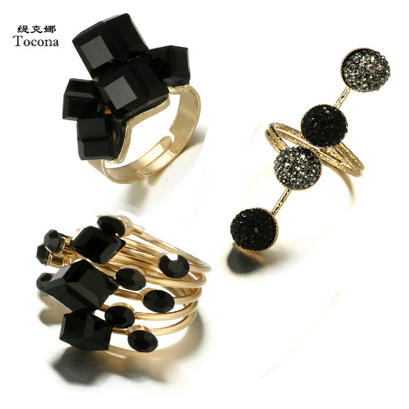 Antique Black Crystal Stone Opening Joint Adjustable Gothic Statement Ring