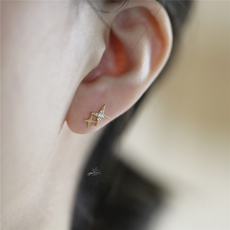 925 Sterling Silver Crystal Four-Pointed Star Earrings