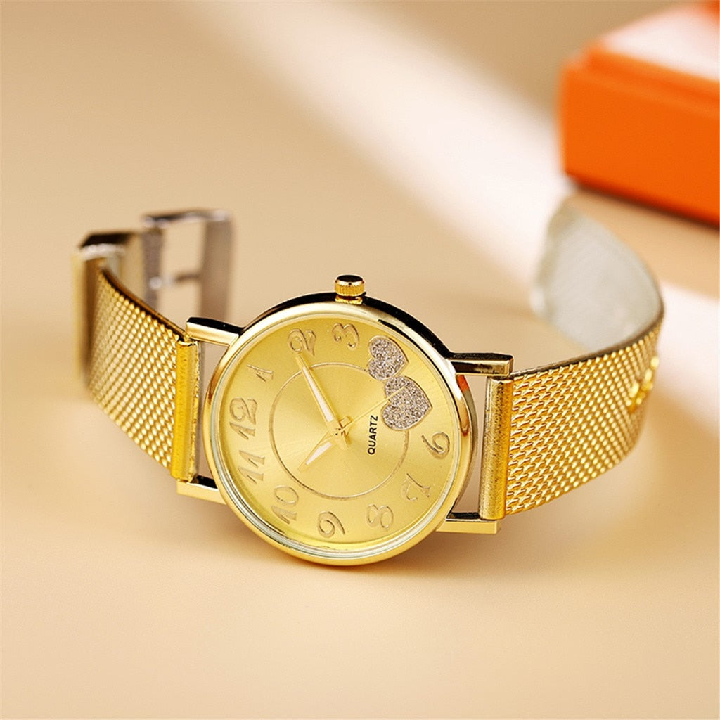 Fashion Women Silver Heart Dial Silicone Mesh Belt Wristwatch