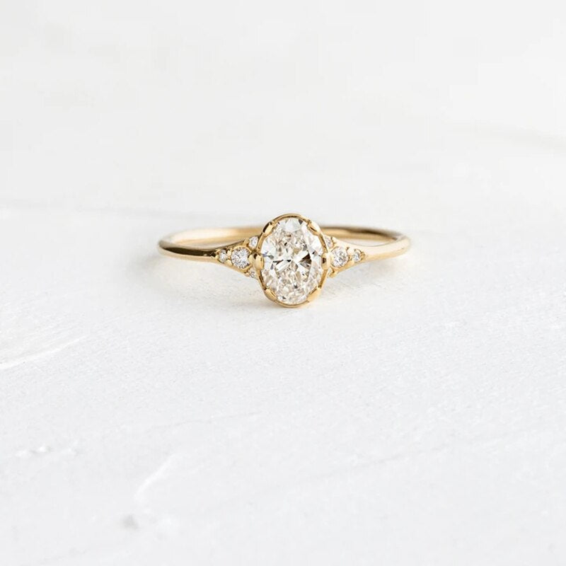 Aide 925 Sterling Silver Gold Single Round Zircon Crystal Ring