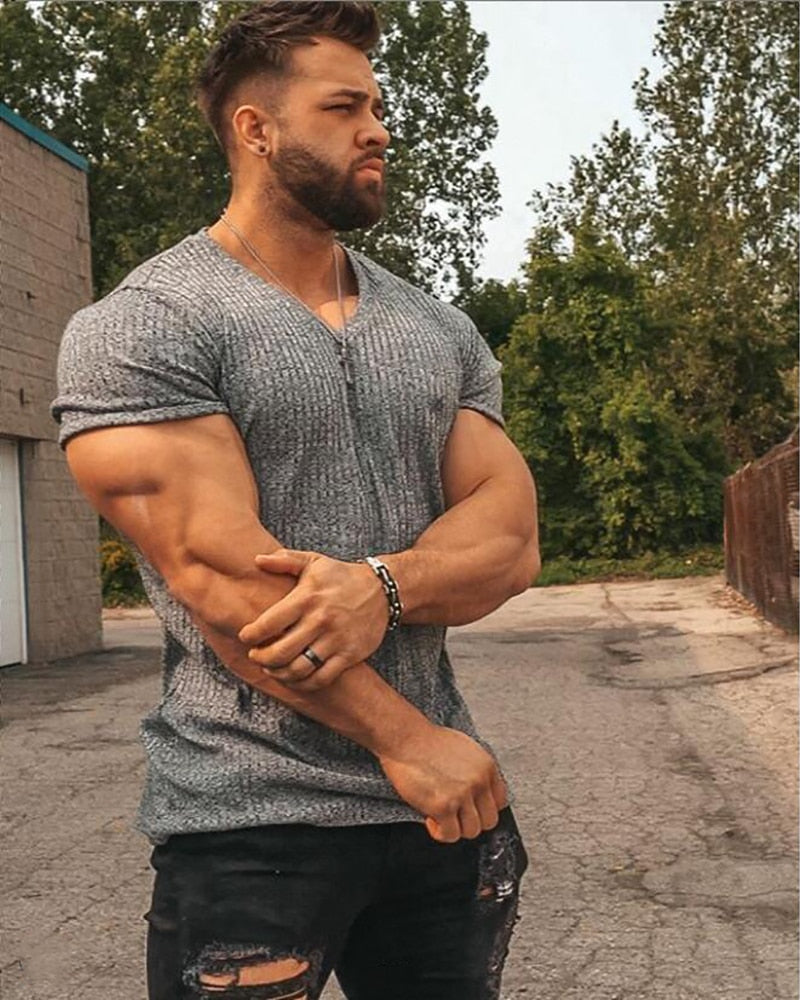 Men V Neck Short Sleeve T Shirt Fitness Slim Fit Sports Strips T-shirt