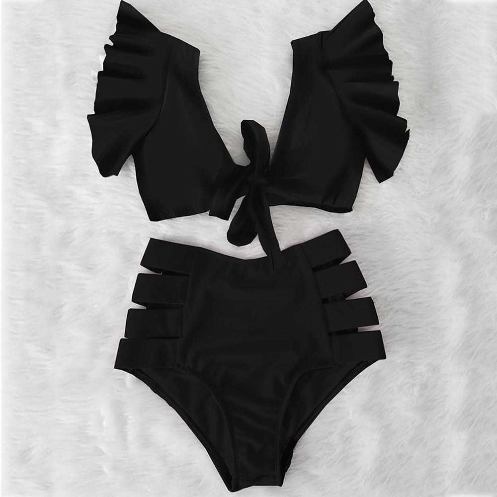 Floral Beachwear V-Neck High Waist Ruffled Sexy Bikini Set