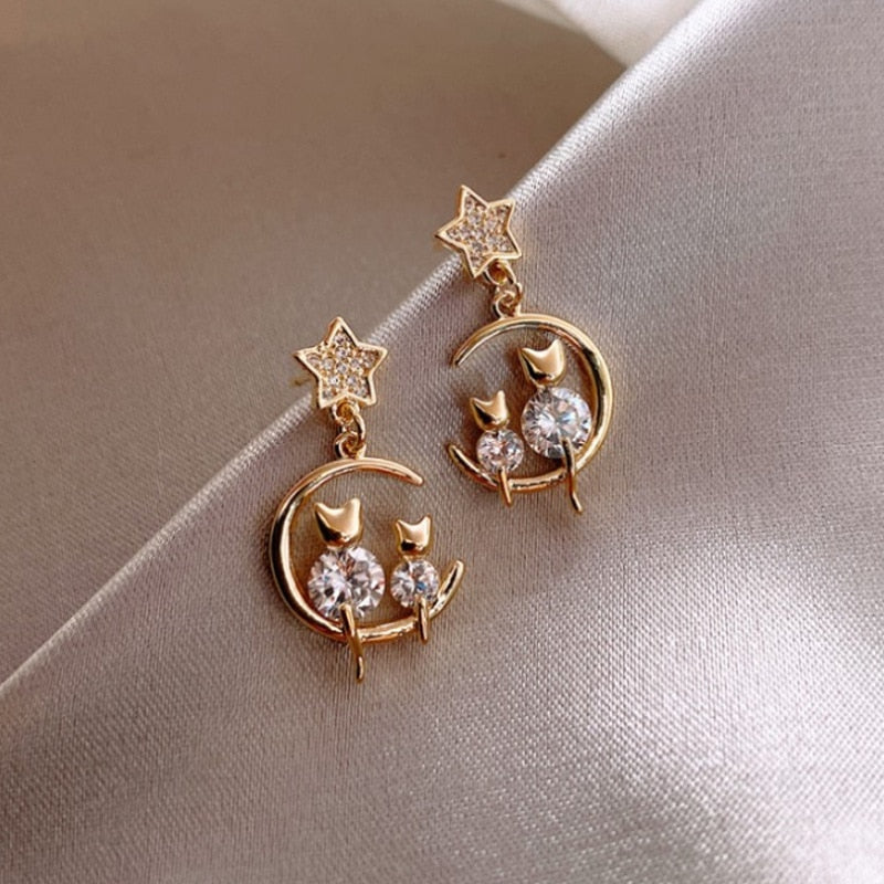 Trendy Moon Dangle Pearl Cherry Cat Rhinestone Earring