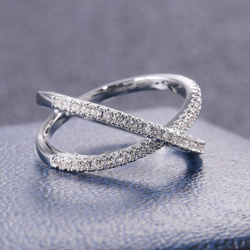 Huitan Luxury Cross X Shape Full Paved CZ Stone Silver Ring