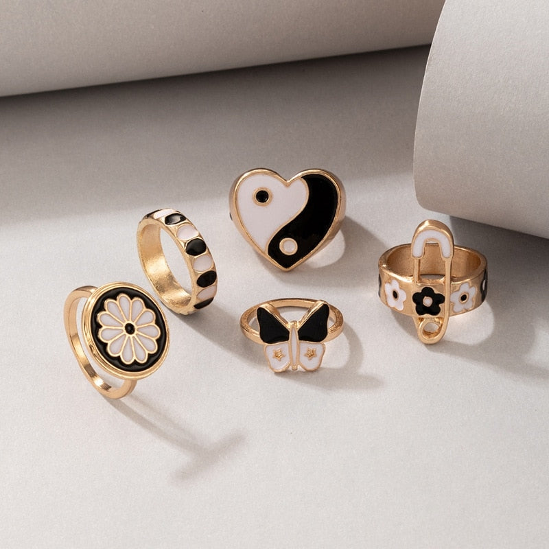 14 Pcs/Set Neo-Gothic Mixed Feather Elephant Star Moon Sun Ring