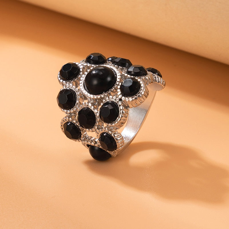 Antique Black Crystal Stone Opening Joint Adjustable Gothic Statement Ring