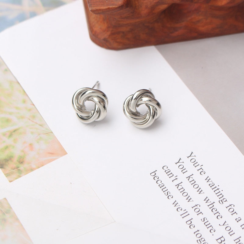 Tiny Metal Gold Color Twist Round Earrings