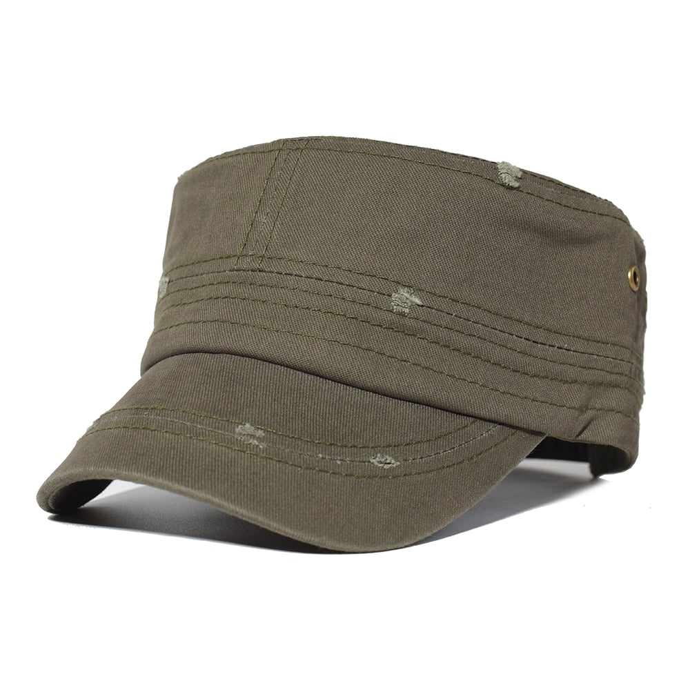 Washed Cotton Military Caps Men Cadet Army Cap Unique Design Vintage Flat Top Hat