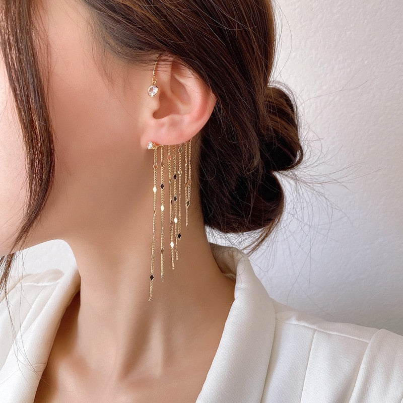 Luxury Shiny Crystal Rhinestone Long Tassel Ear Cuff Earing