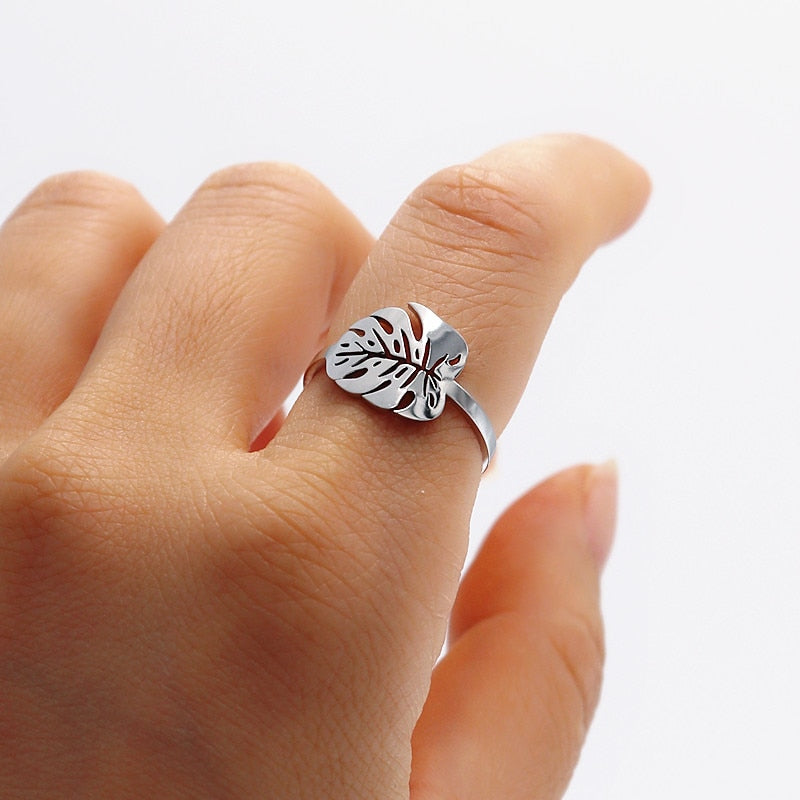 Tropical Leaf Gold Palm Leaf Stainless Steel Rings