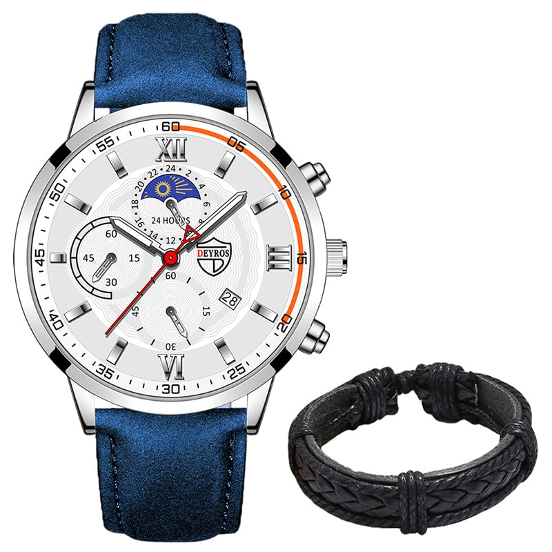 Luxury Black Leather Bracelet Men Casual Luminous Clock Watch