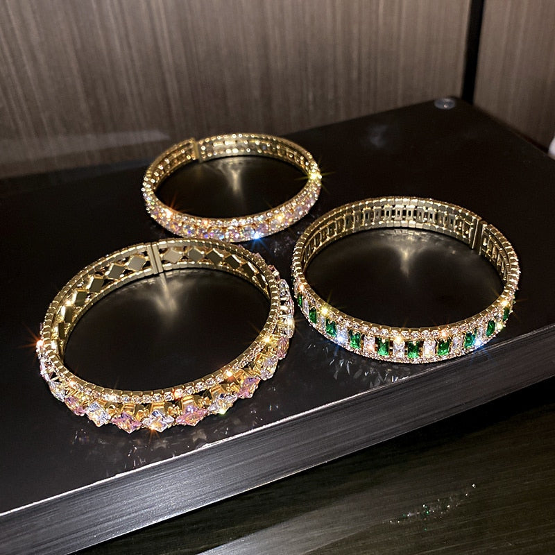 Geometric Zircon Bangles For Women Pink Green Crystal Cuff Bracelets