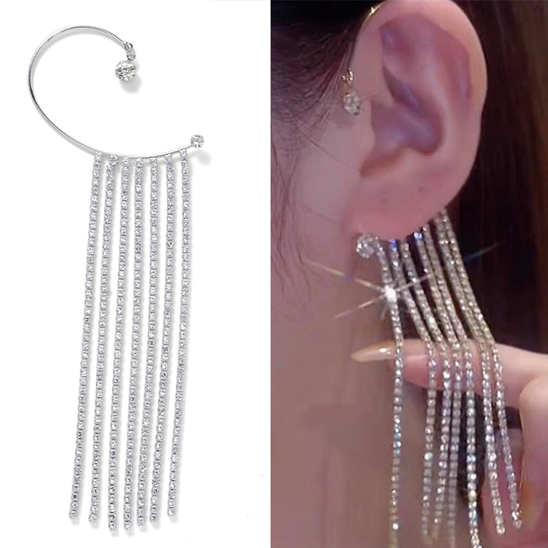Luxury Shiny Crystal Rhinestone Long Tassel Ear Cuff Earing
